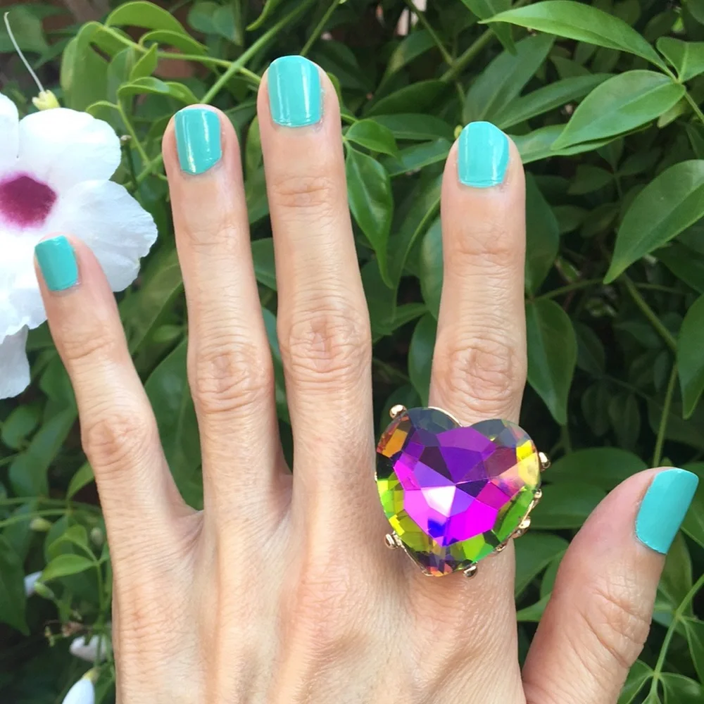 Oversized Heliotrope Crystal Heart + Gold Cocktail Statement Ring